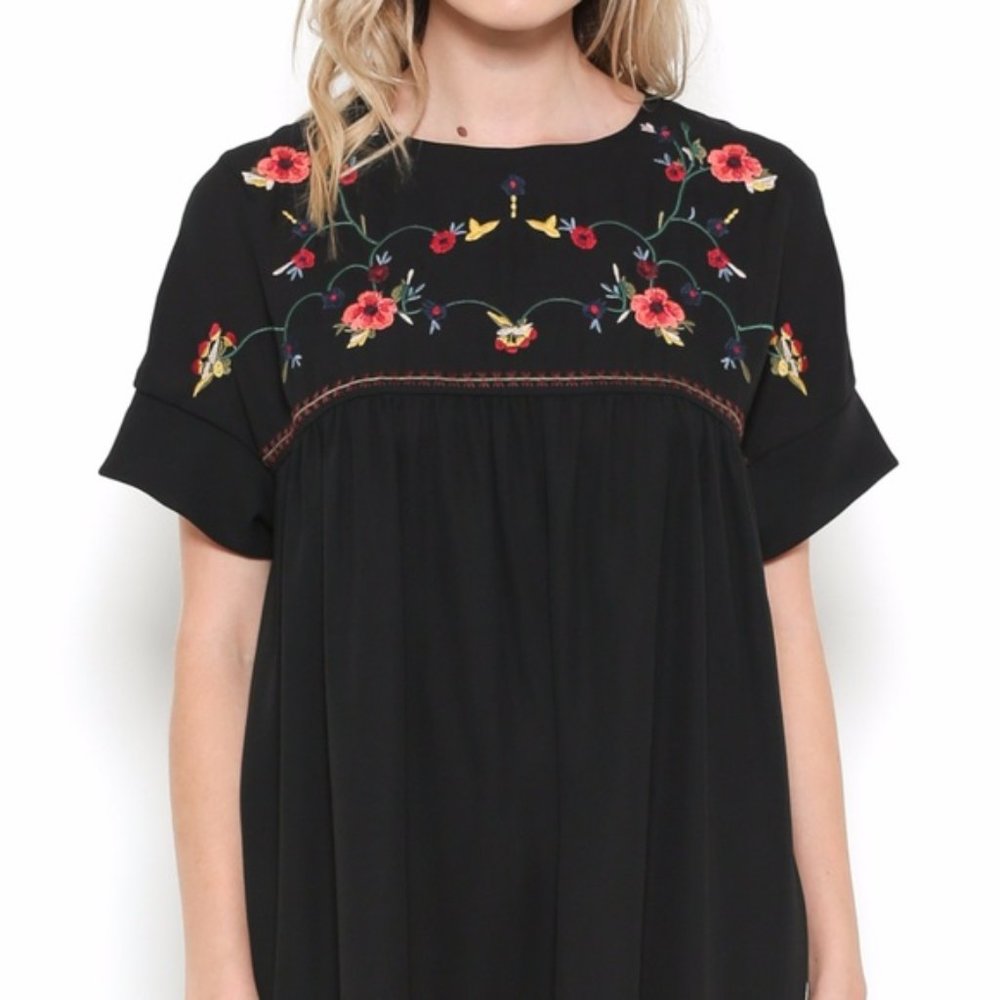 ESLEY Babydoll Dress Floral Embroidery Blue Black - Picture 9 of 9